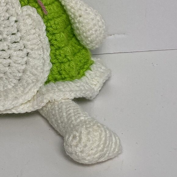 Handmade White Bunny Green Dress Button Eyes Pink Nose Mouth Bow - Picture 5 of 12